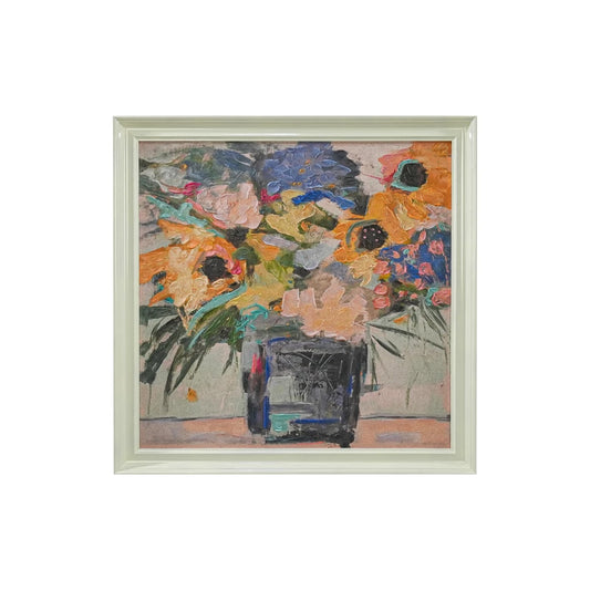 Hand-Painted Flowers in Vase Wood Frame Canvas