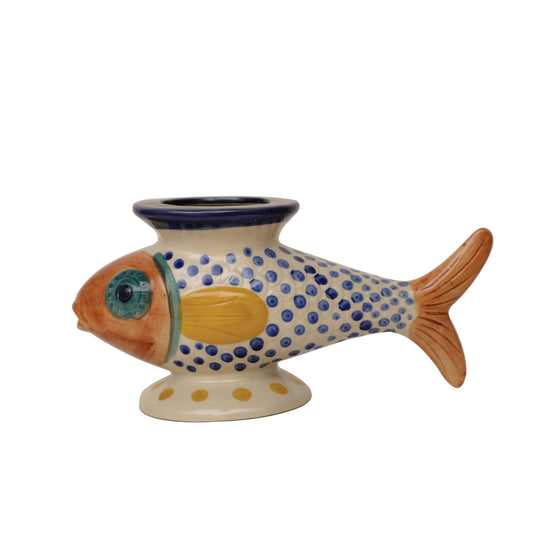 Hand-Painted Stoneware Footed Fish Shaped Vase