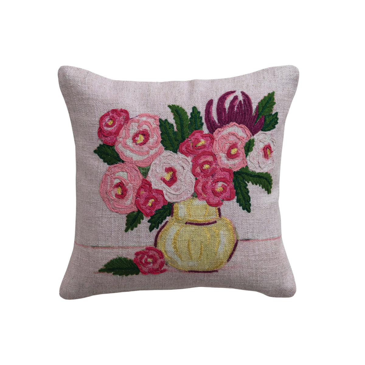 Embroidered Floral Vase Linen Pillow
