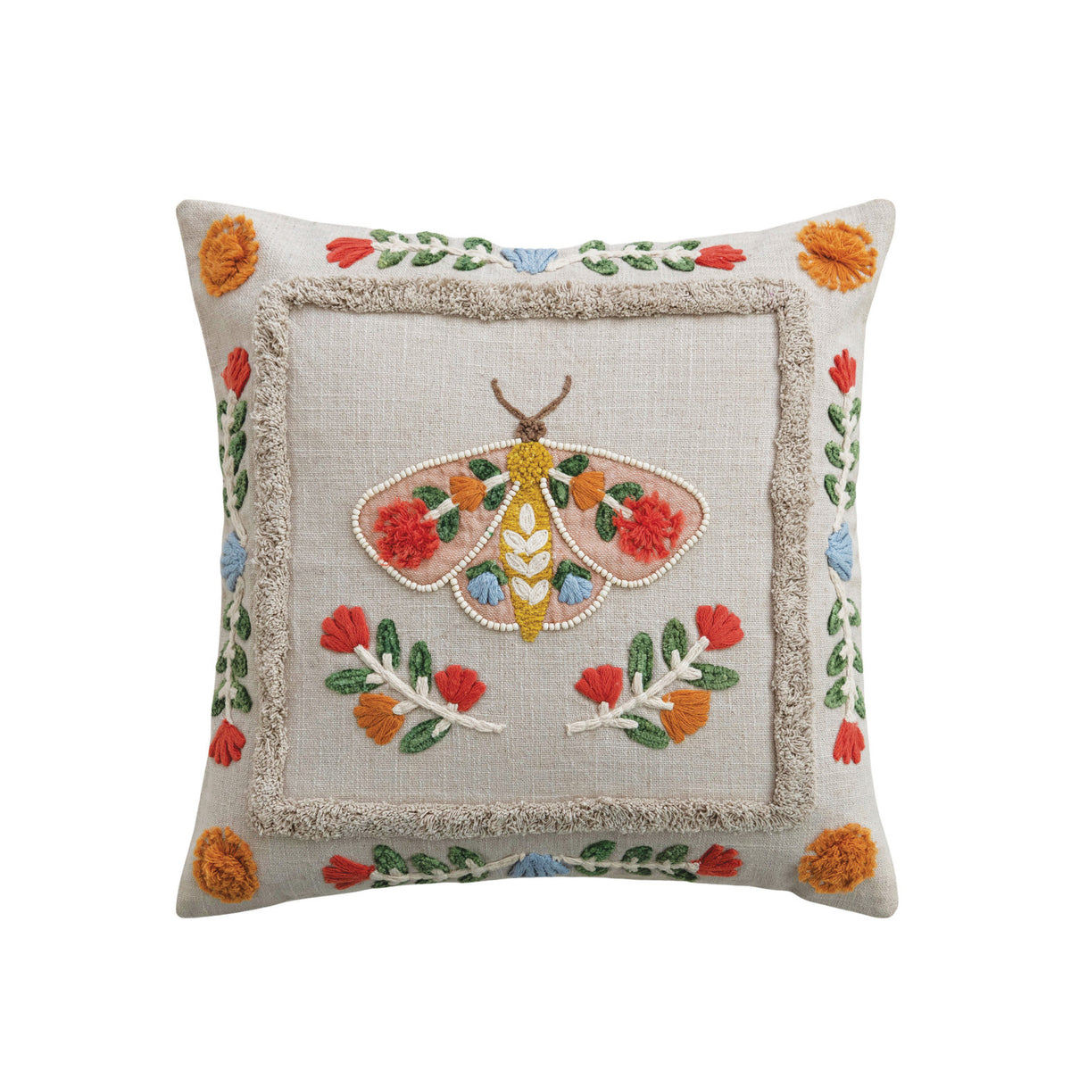 Cotton Embroidered Moth & Flora Accent Pillow