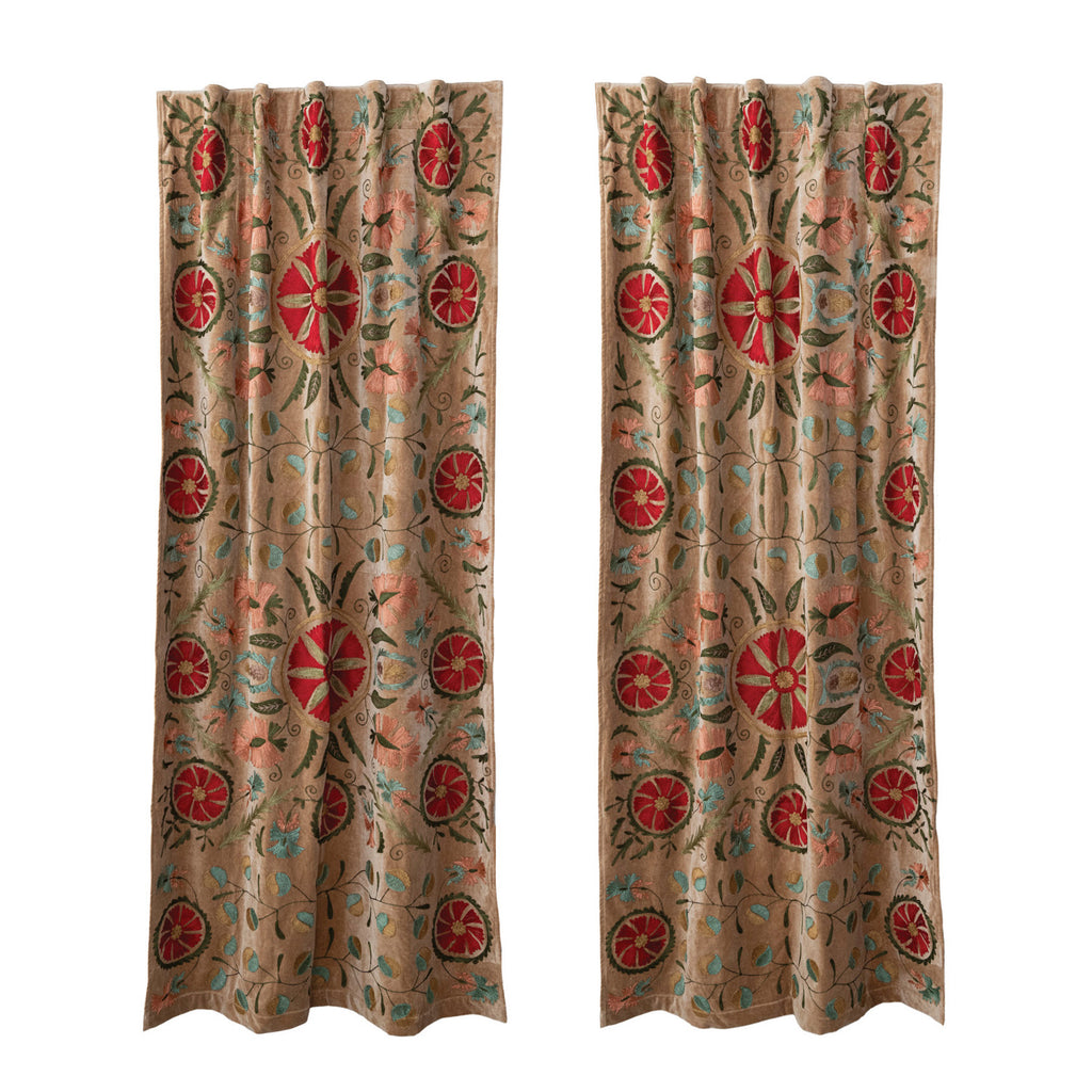 Cotton Velvet Embroidered Curtain Panel Pair