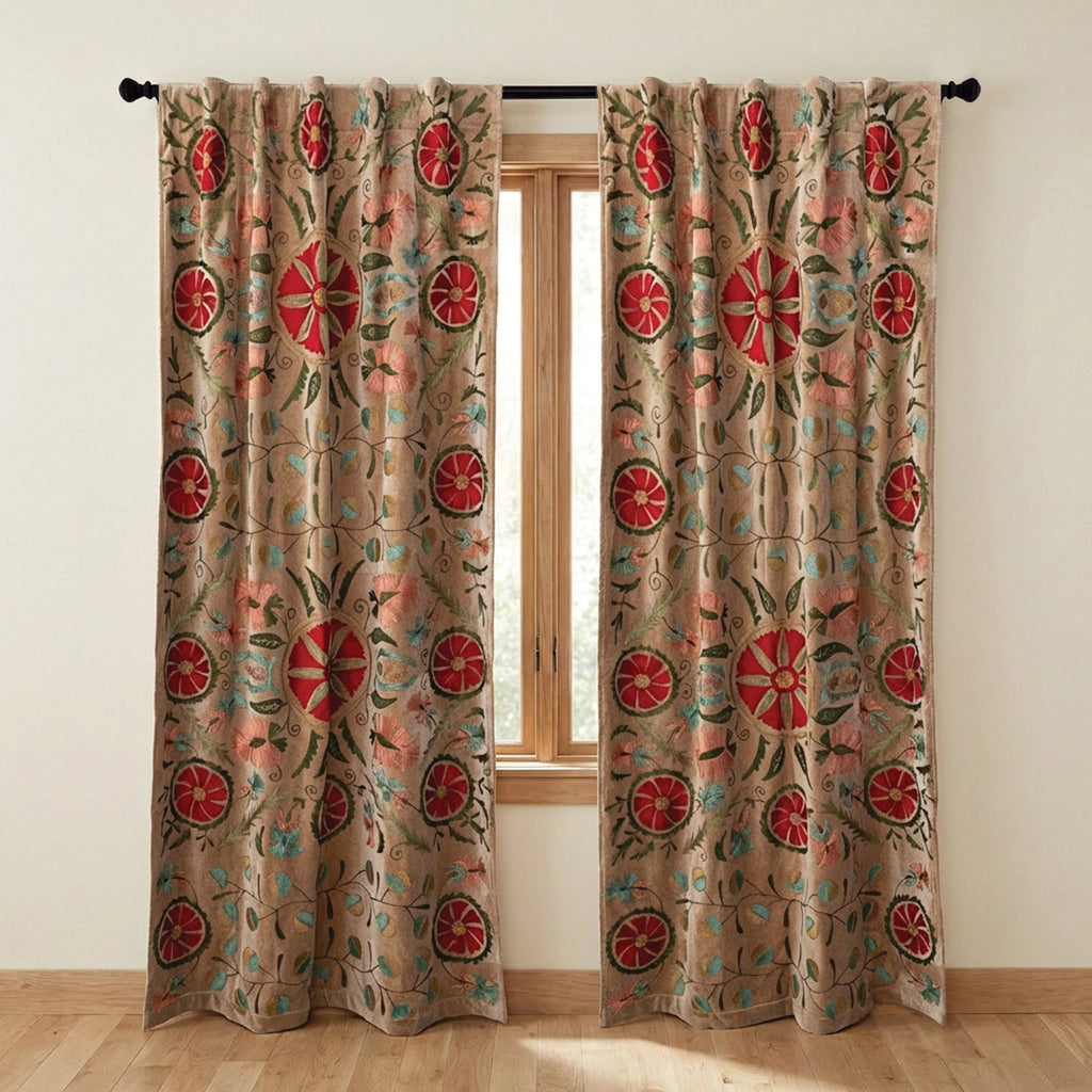 Cotton Velvet Embroidered Curtain Panel Pair