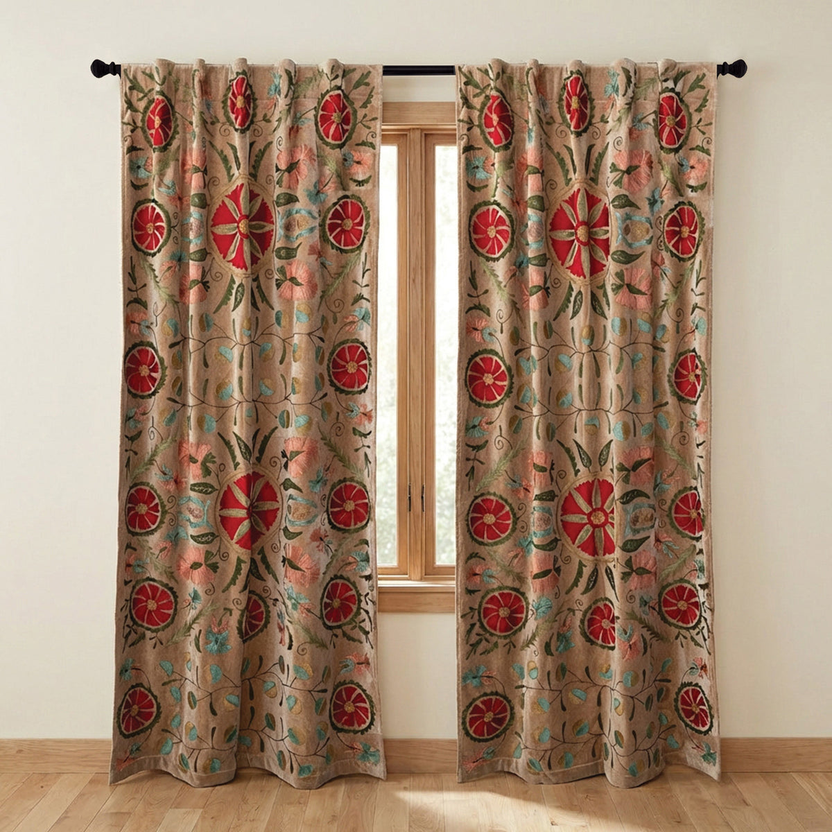 Cotton Velvet Embroidered Curtain Panel Pair