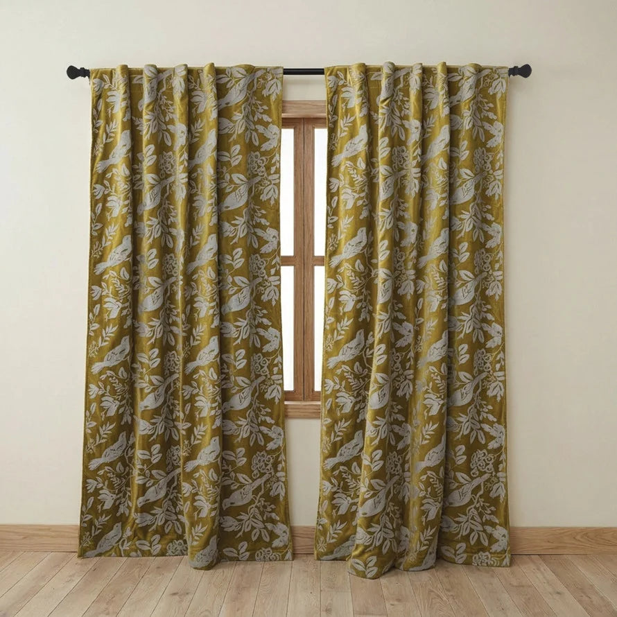 Velvet Botanical Embroidered Cotton Curtain Set