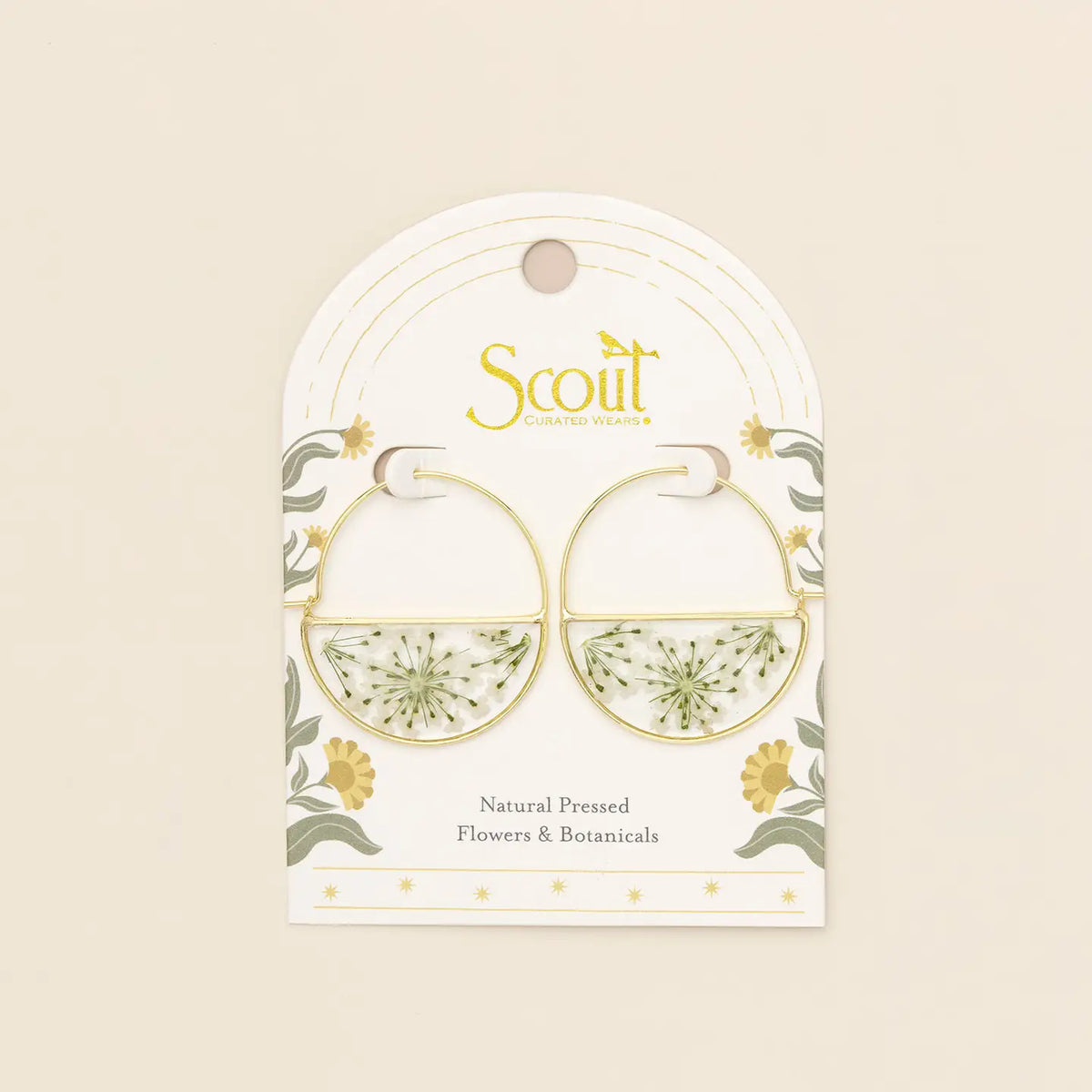 Pressed Flower Hoop Earring - White Lace Flower/Gold