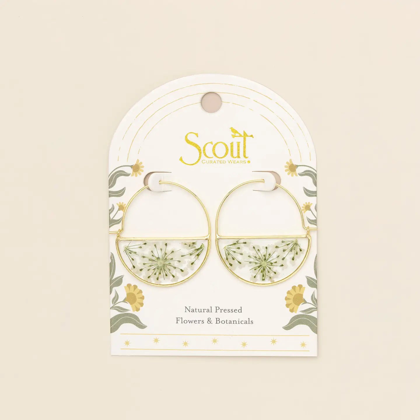 Pressed Flower Hoop Earring - White Lace Flower/Gold
