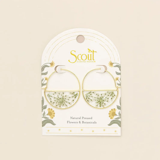 Pressed Flower Hoop Earring - White Lace Flower/Gold