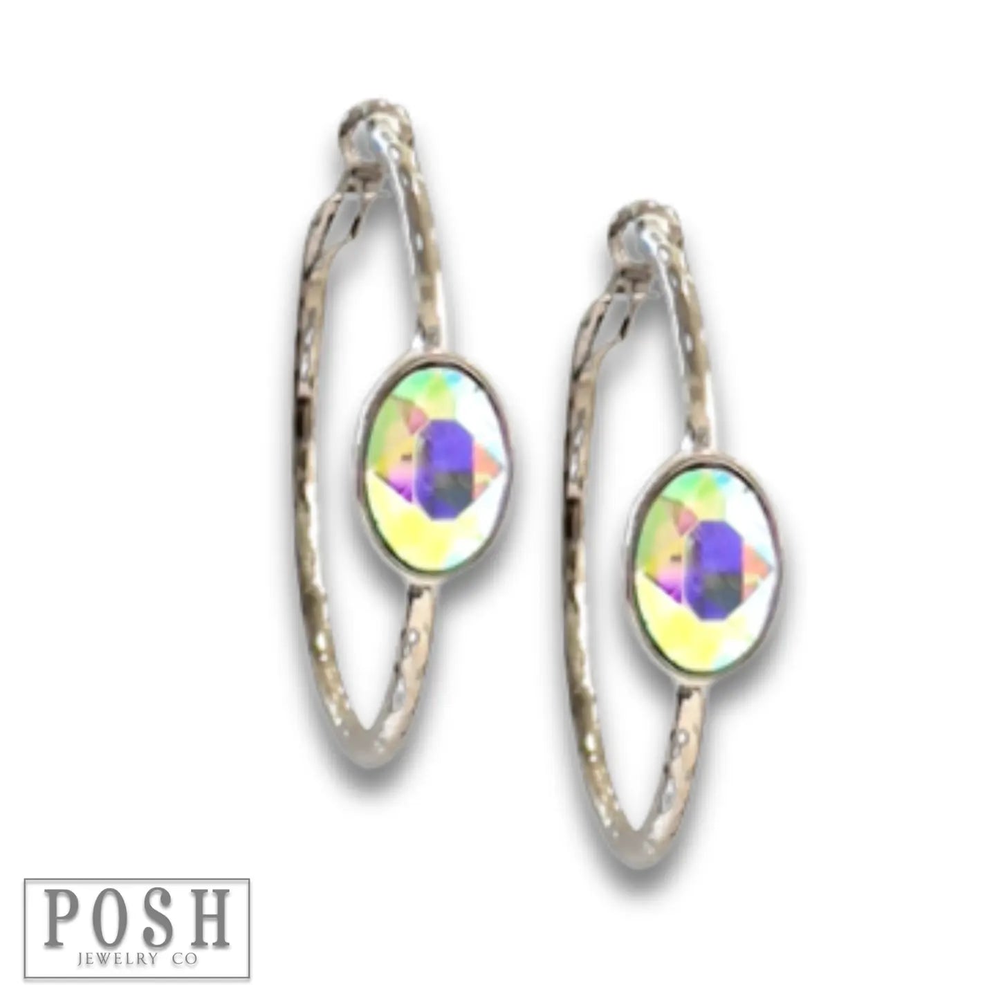 Rhinestone Oval Hammered Hoop Earrings