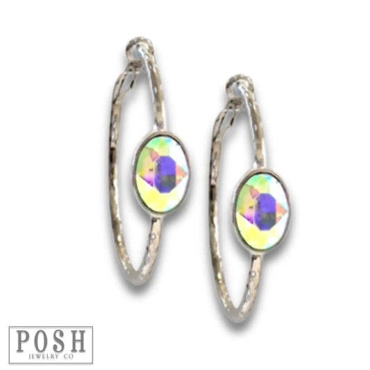 Rhinestone Oval Hammered Hoop Earrings