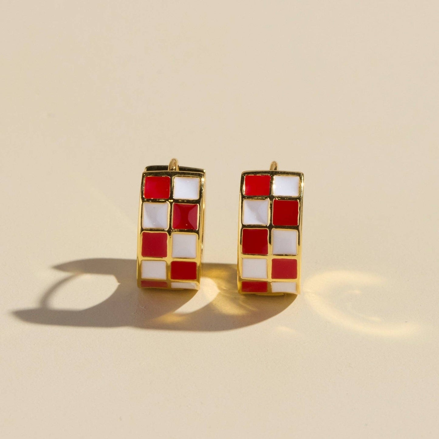 Red & White Checkered Enamel Huggie Earrings
