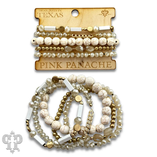 White Stone, Crystal & Gold Bead Bracelet Set