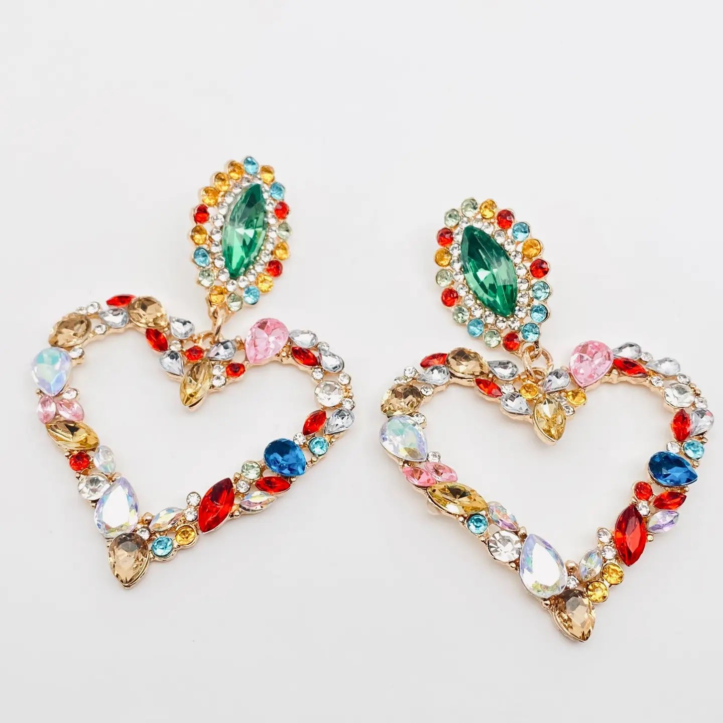 Heart-Shaped Colored Rhinestone Earrings