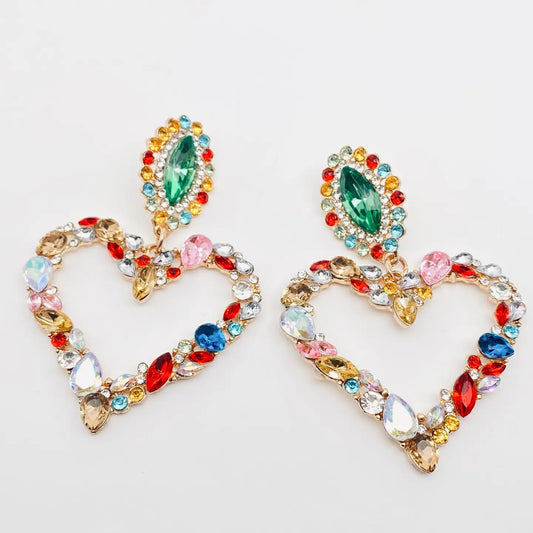 Heart-Shaped Colored Rhinestone Earrings