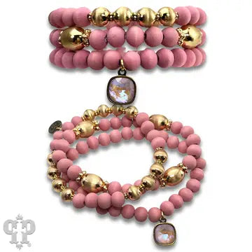 Wood and Gold Bead Bracelet Set with Austrian Crystal