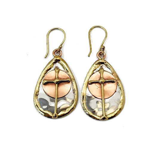 Handcrafted Mixed Metal Teardrop Cross Earrings