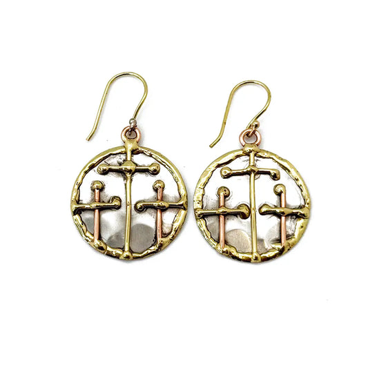 Handcrafted Mixed Metal Triple Cross Earrings