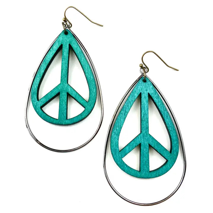 Wood Peace Sign Teardrop & Metal Earrings