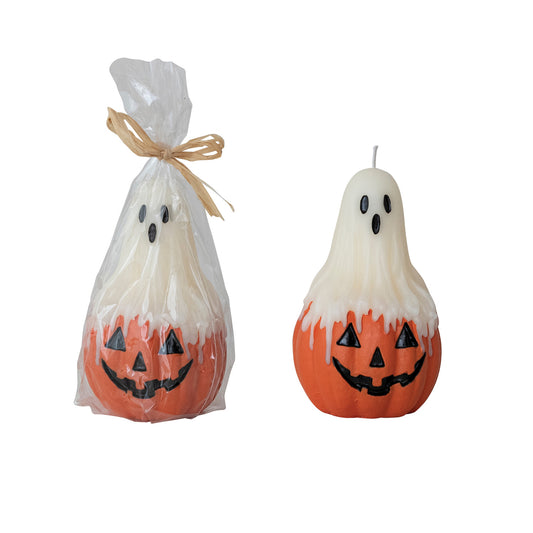 Unscented Ghost on Top of Jack-O-Lantern Shaped Candle