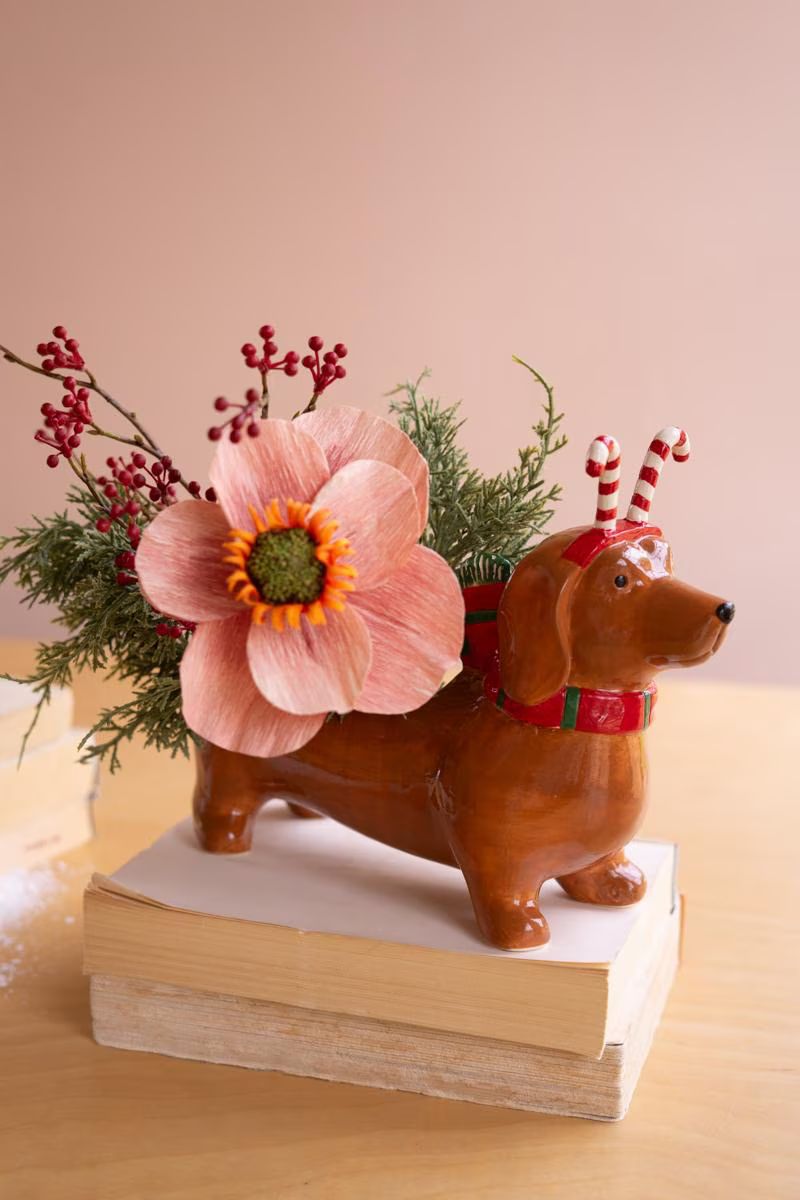 Ceramic Christmas Dachshund Planter with a Candy Cane Headband — image 1