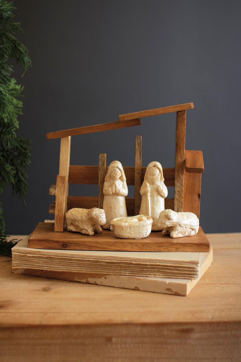 Wooden Nativity with Paper Mache Figures — image 1