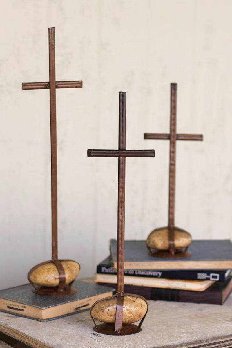 Set of 3 Scrap Metal Crosses with Caged Rock Bases — image 1