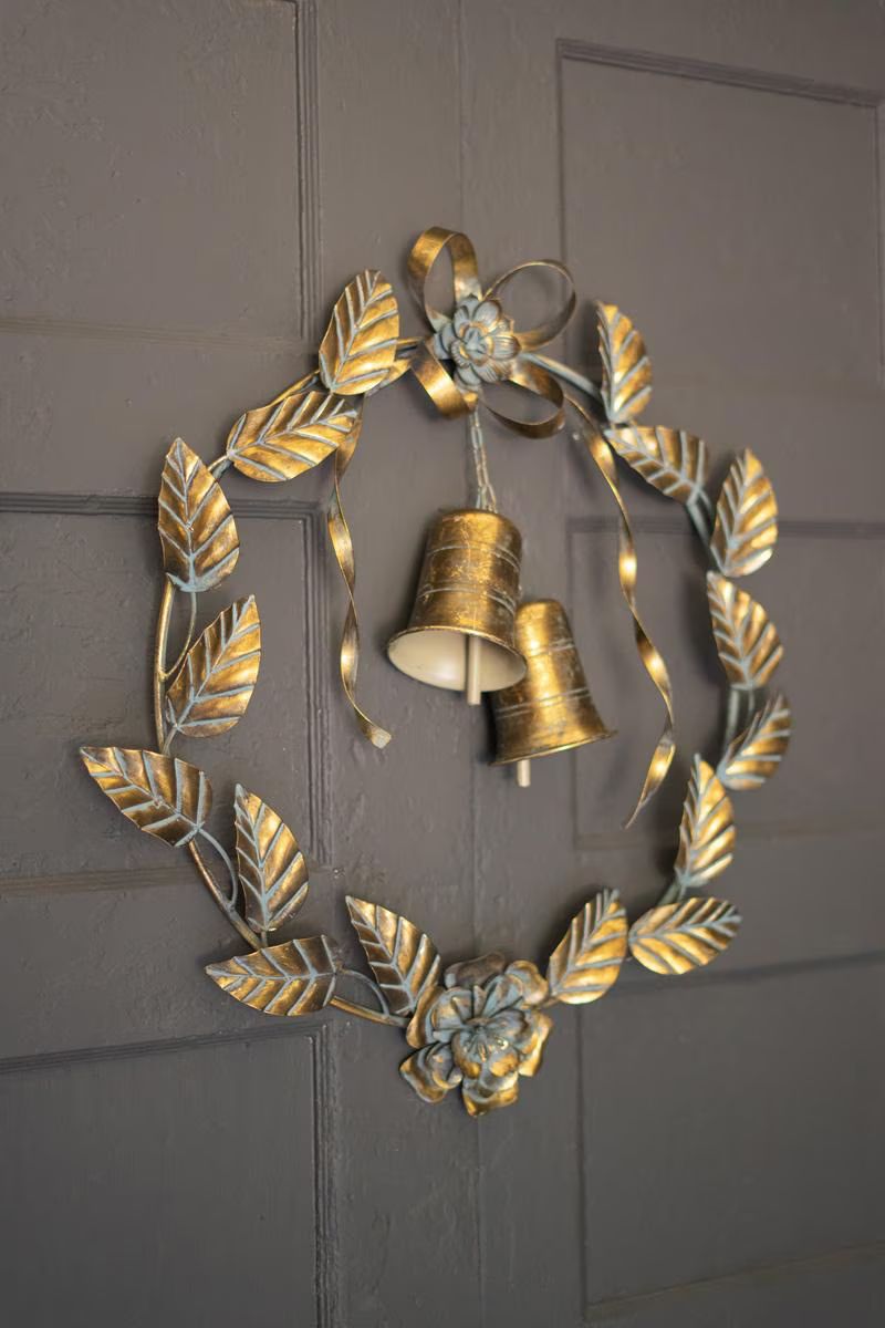 Antique Brass Christmas Wreath with Leaves and Bells — image 1