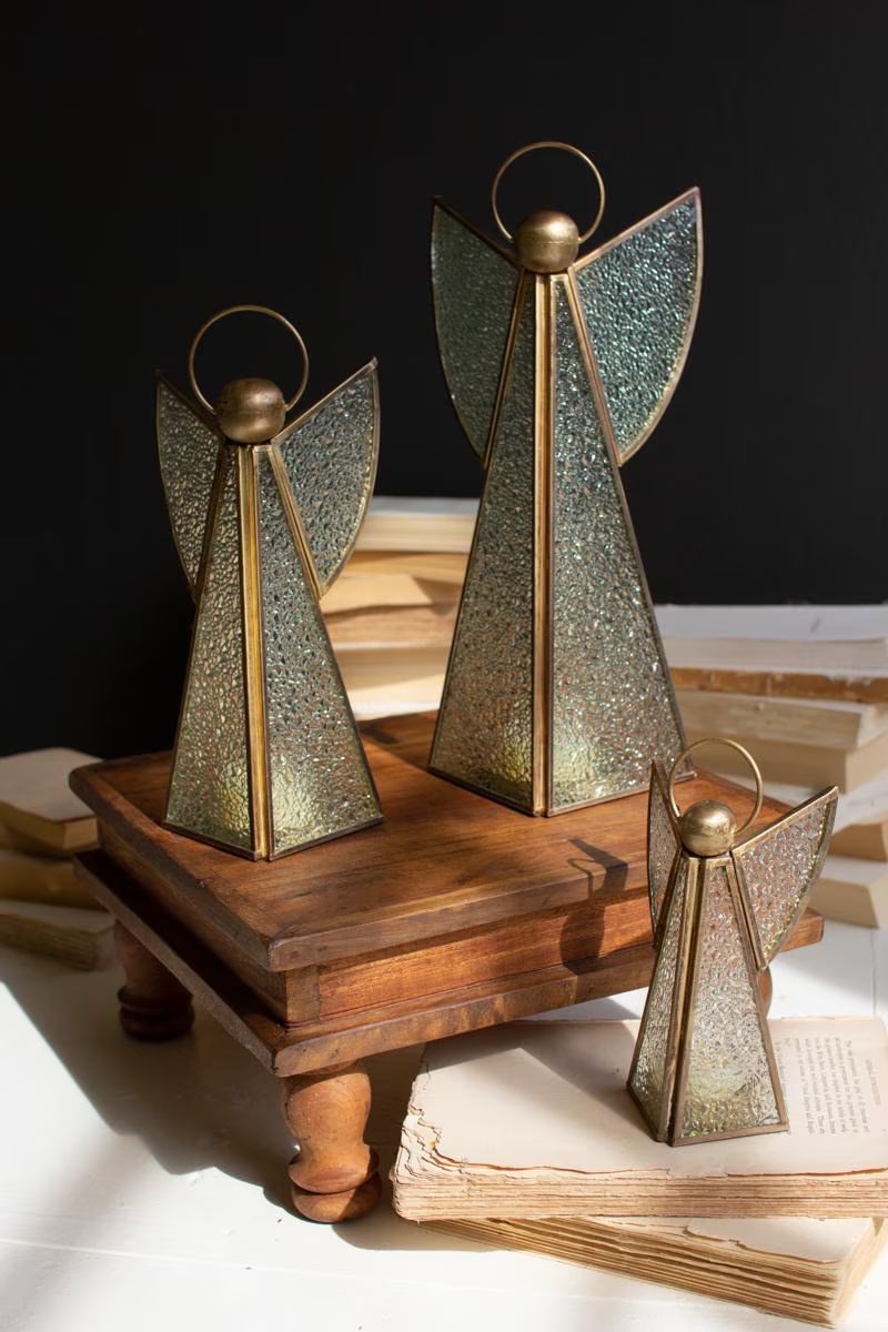Set of 3 Antique Brass and Glass Christmas Angels — image 1