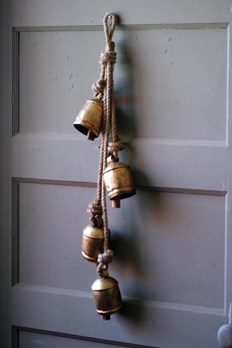 Four Rustic Iron Hanging Bells with Rope — image 1