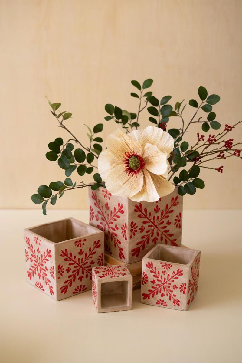 Set of 4 Square Cement Christmas Planters with Red Detail — image 1
