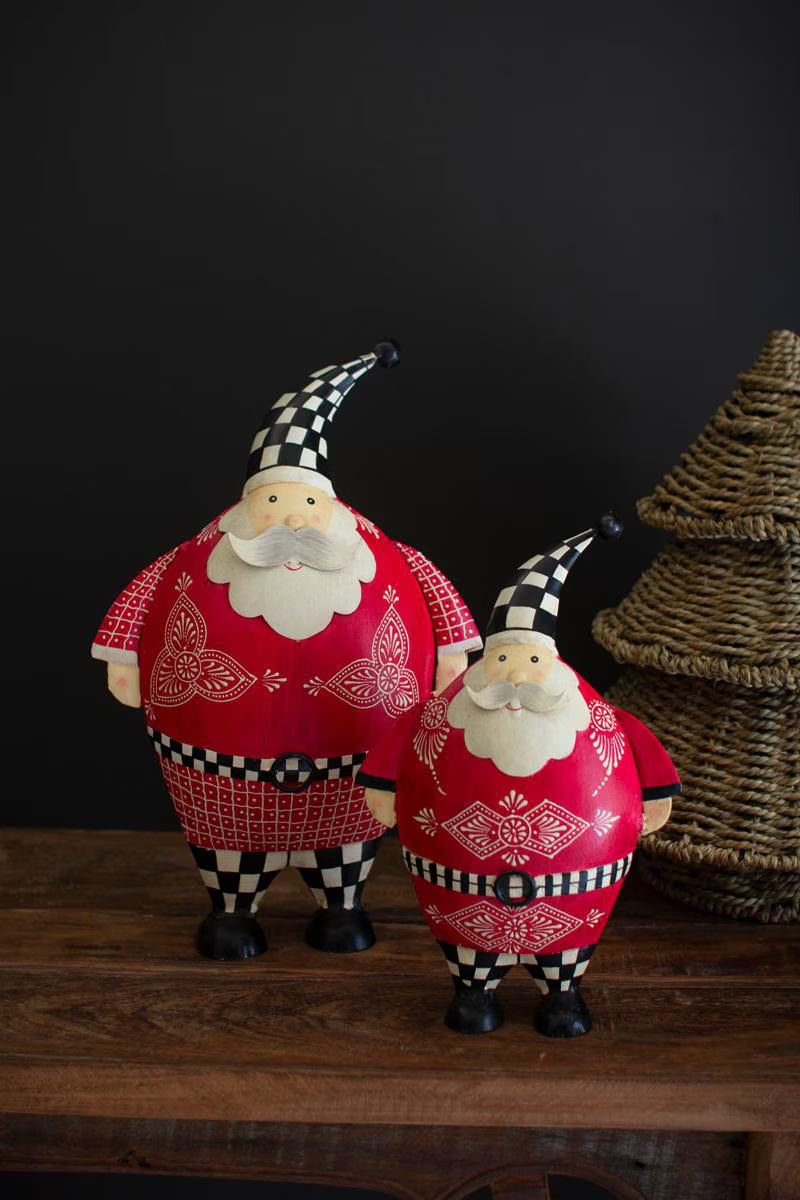 Set of 2 Painted Metal Santas with Checkered Detail — image 1
