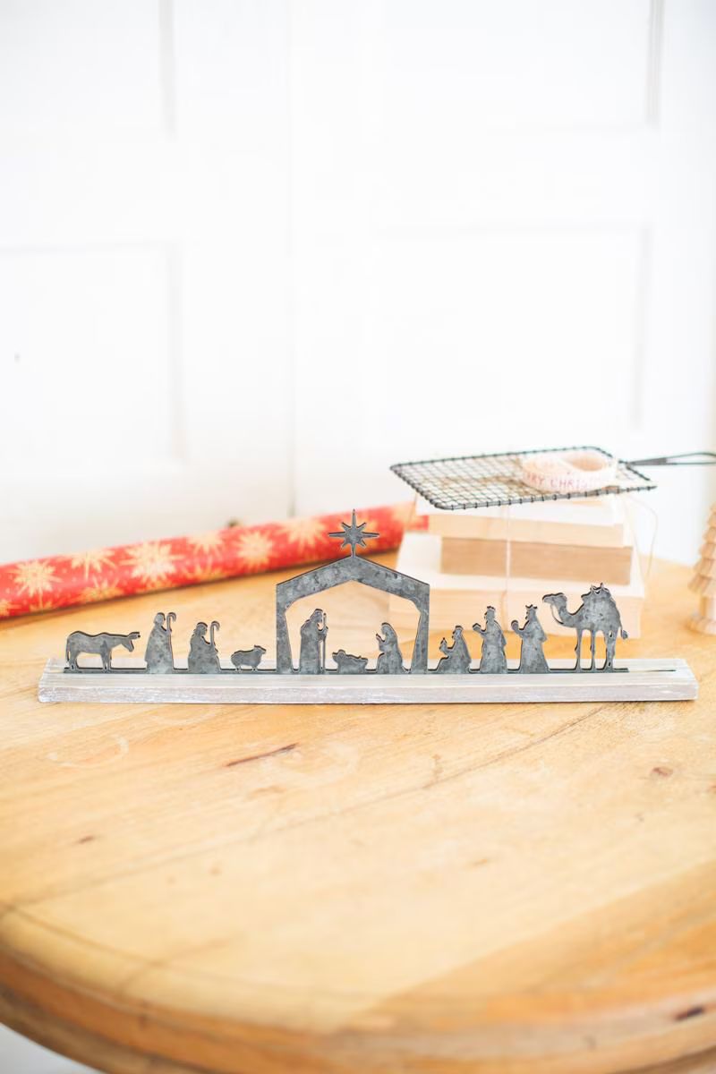 Metal Nativity on a Wooden Stand — image 1