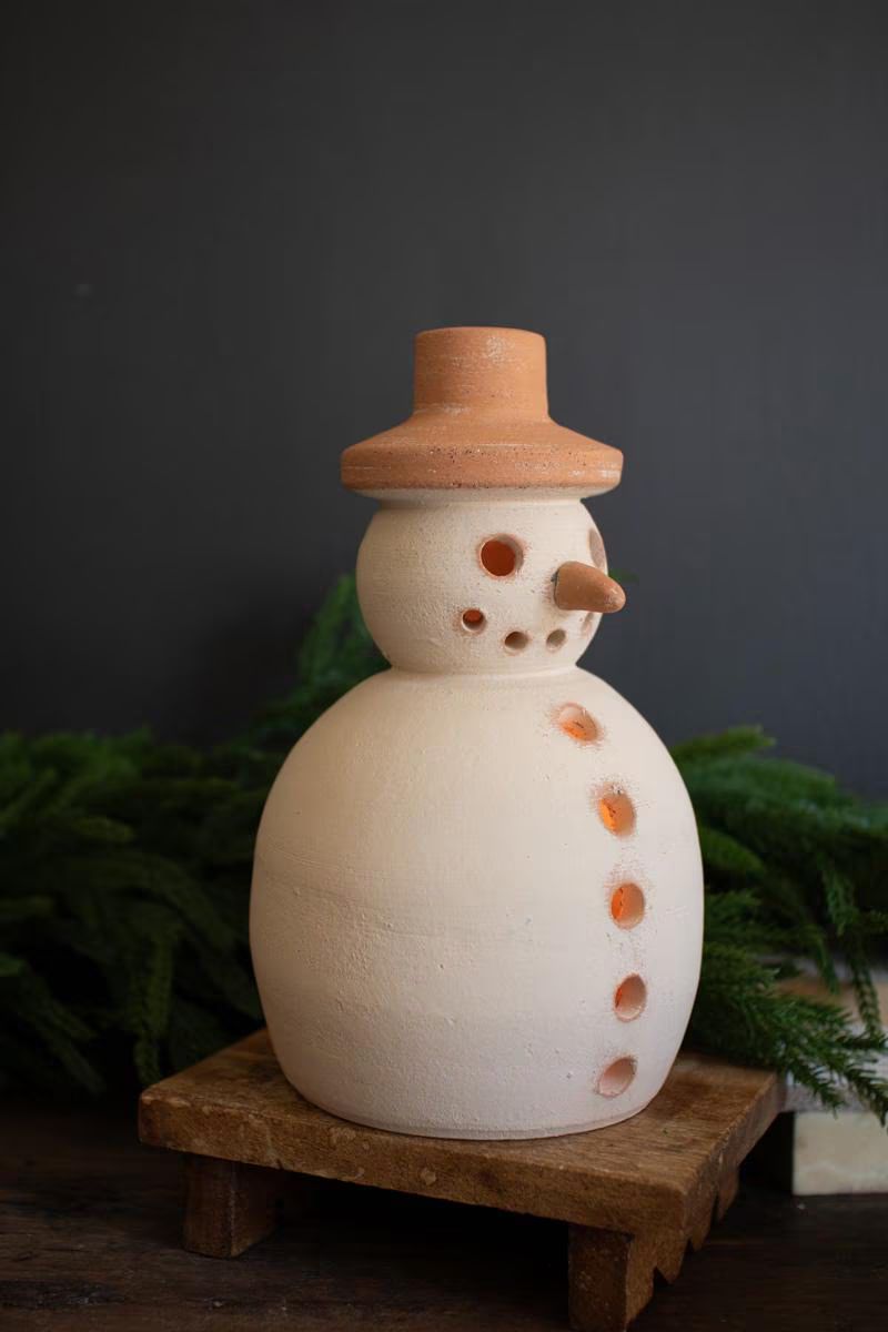 Ivory and Terracotta Snowman Luminary with Hat — image 1