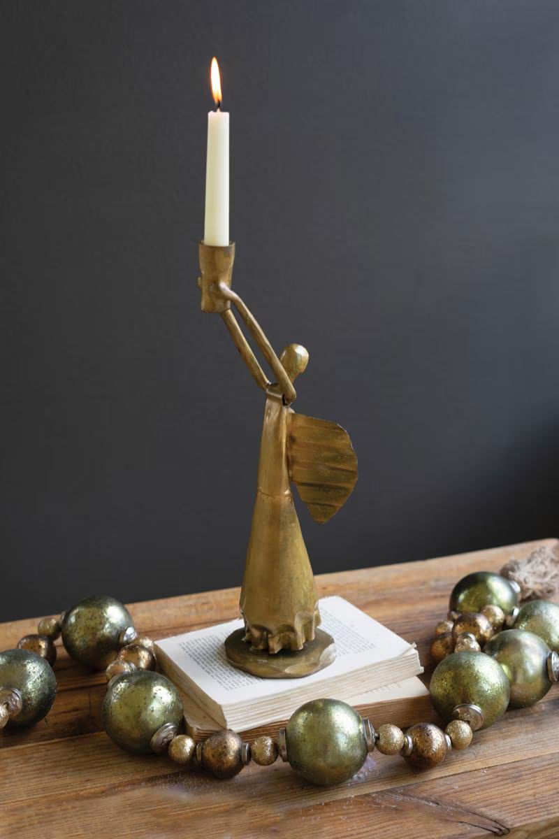 Antique Gold Metal Christmas Angel Taper Candle Holder — image 1