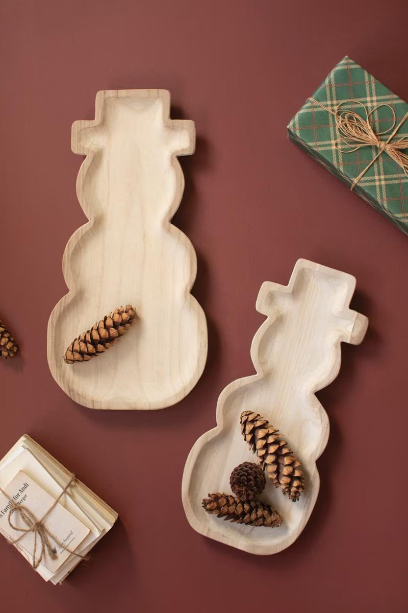 Set of 2 Carved Wood Snowmen Trays — image 1