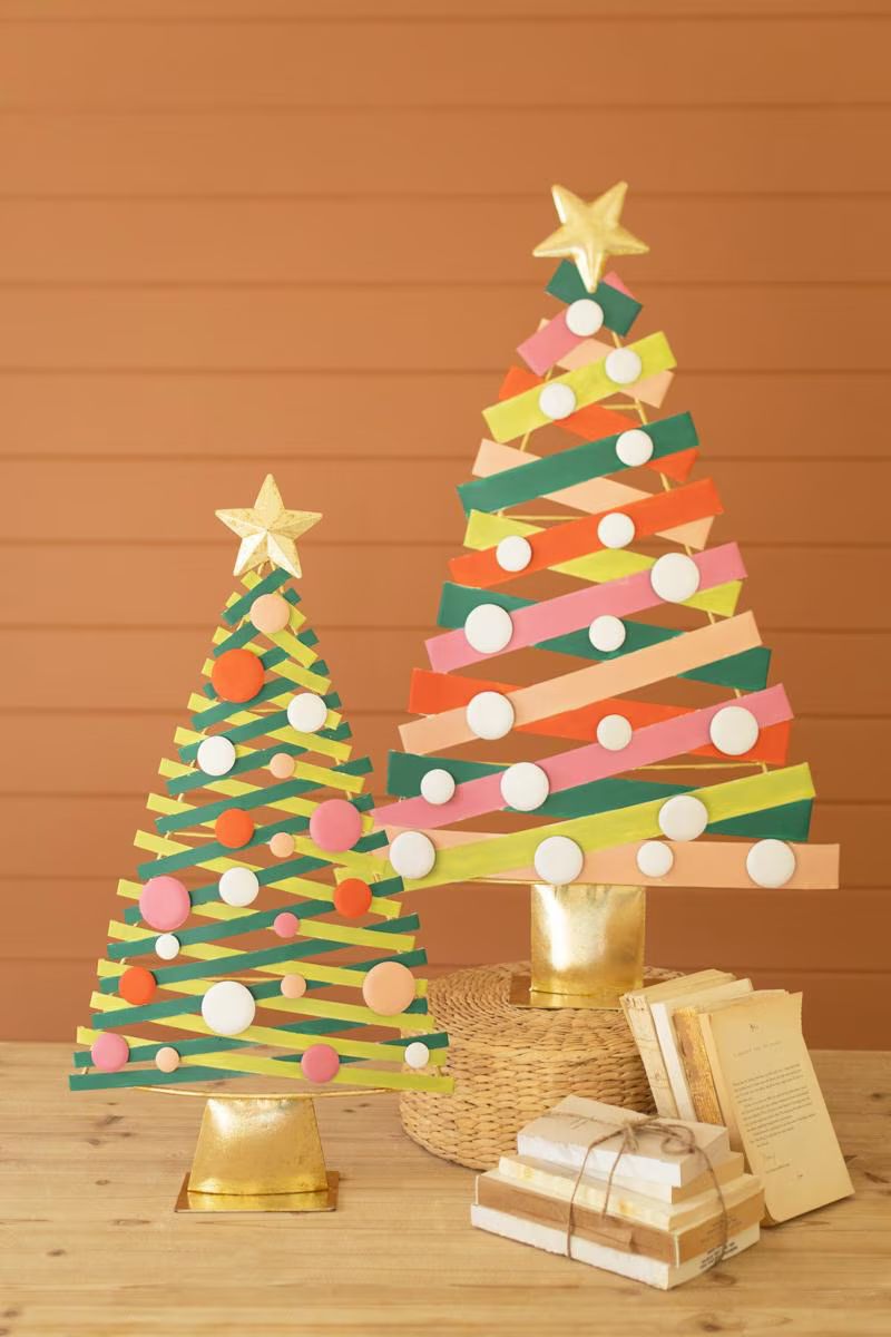 Set of 2 Colorful Painted Metal Christmas Trees with Gold Bases — image 1