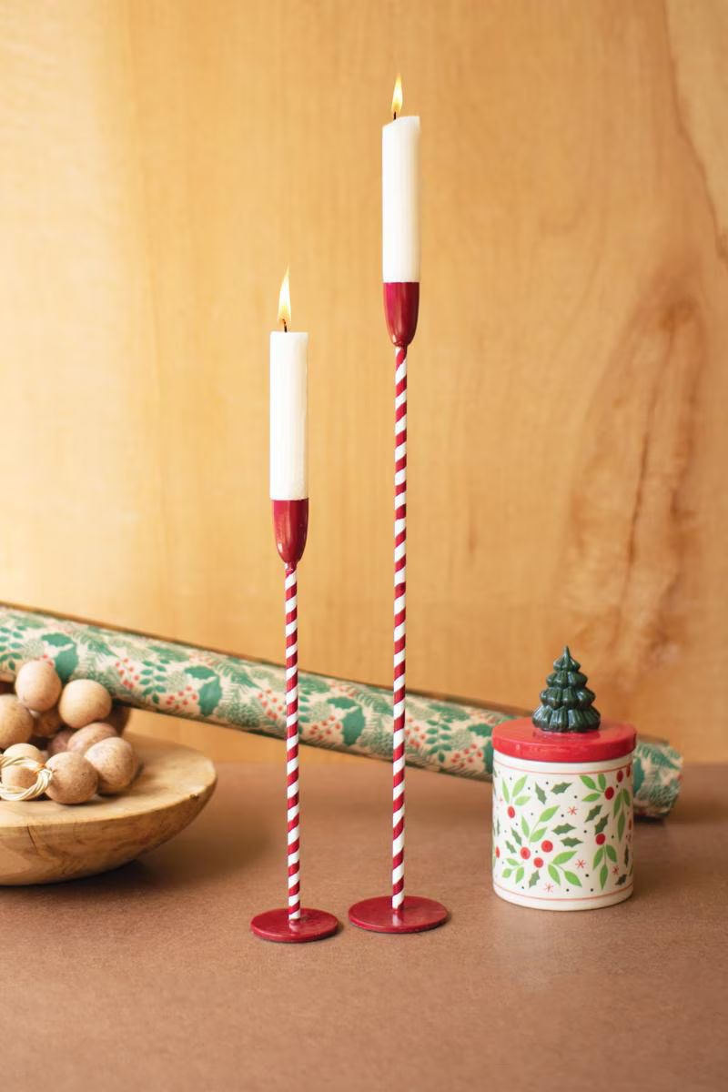 Set of 2 Red and White Candy Cane Taper Candle Holders — image 1
