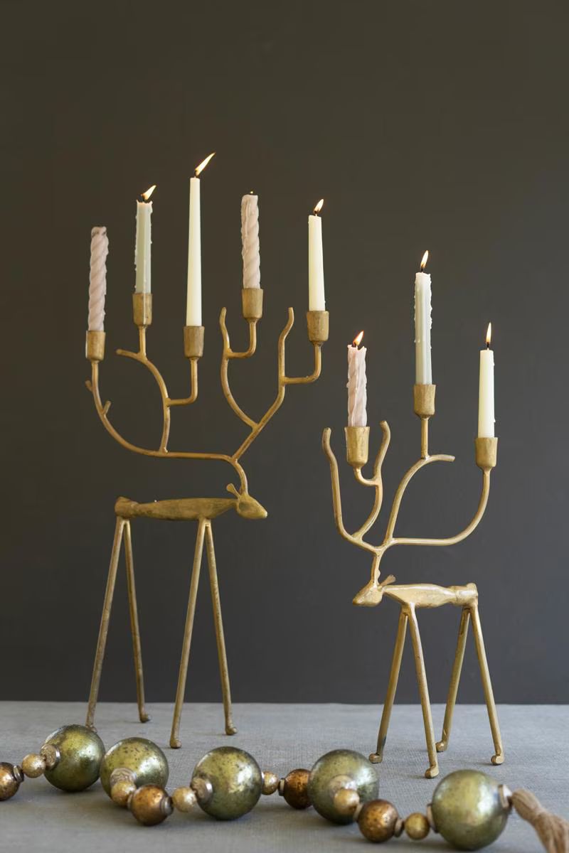 Set of 2 Antique Gold Forged Iron Christmas Deer Candelabras — image 1