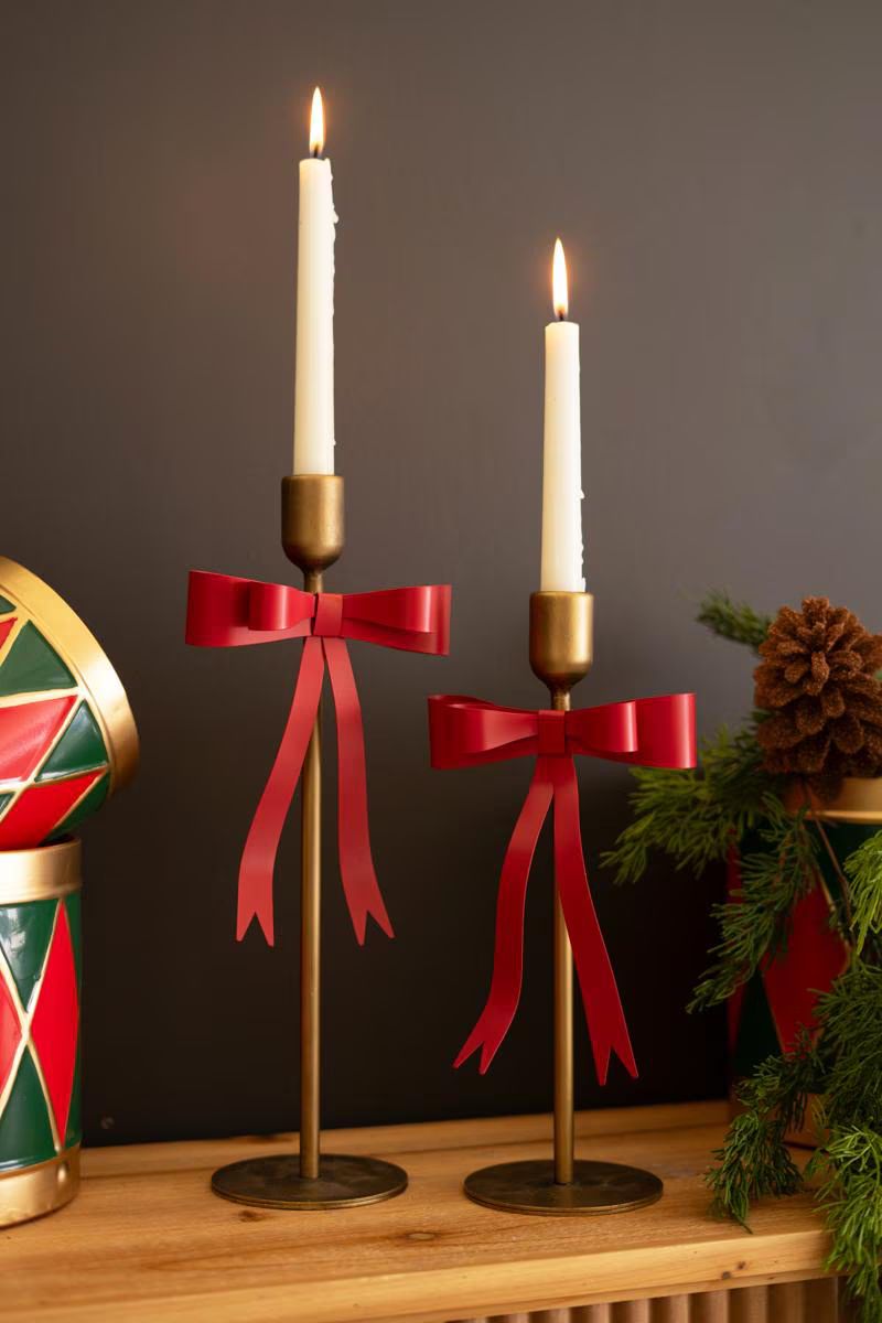 Set of 2 Metal Christmas Bow Taper Candle Holders — image 1