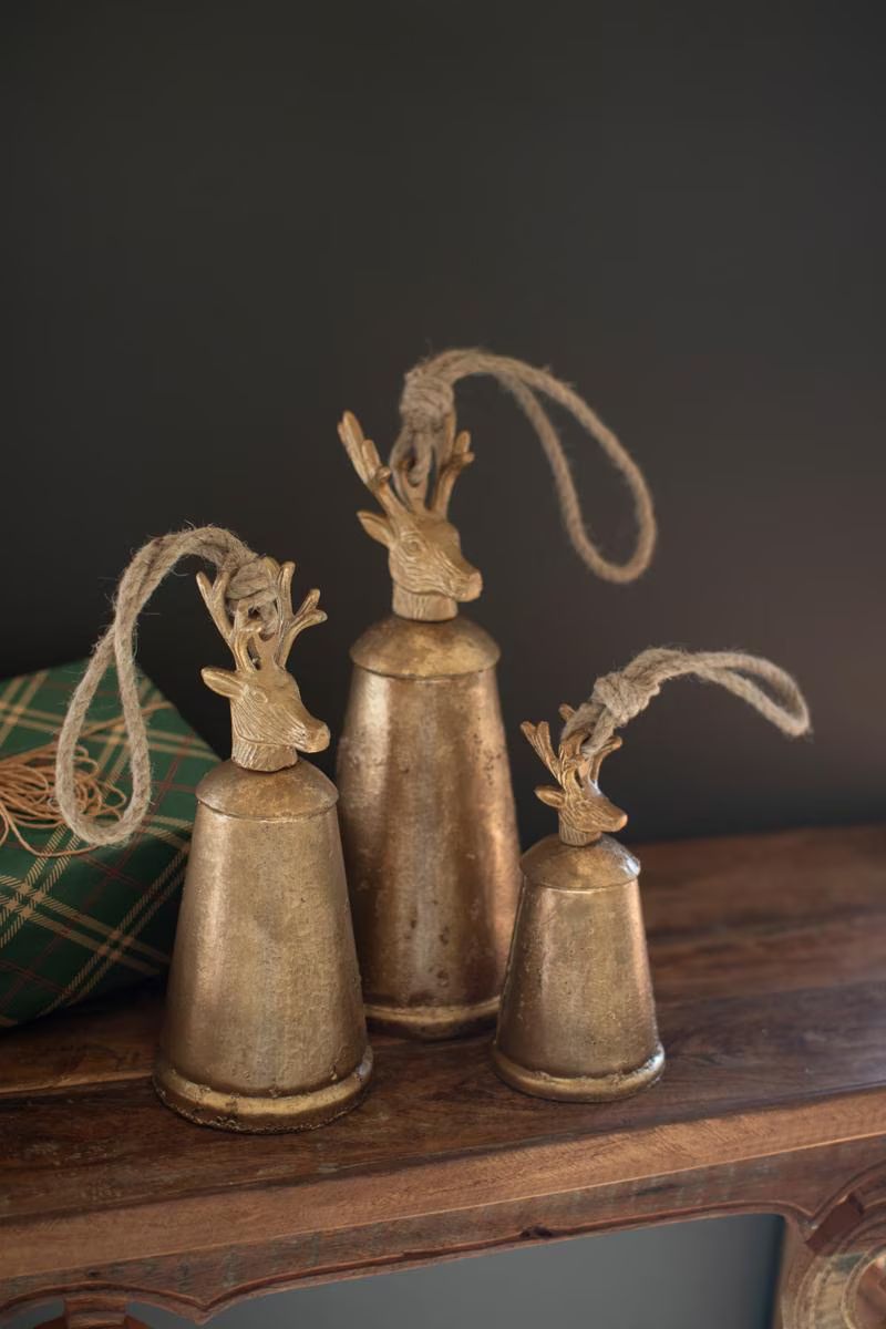 Set of 3 Antique Gold Metal Christmas Bells with Deer Finials — image 1