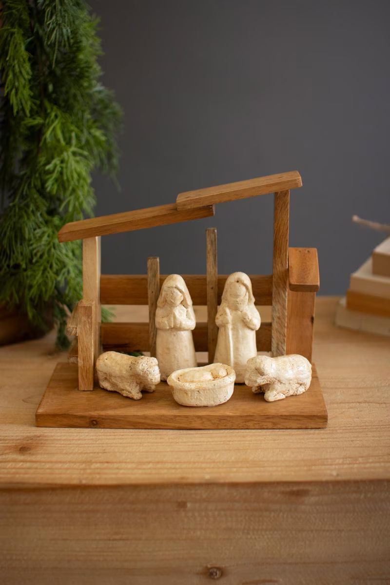 Wooden Nativity with Paper Mache Figures — image 2