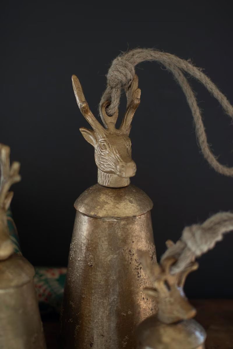 Set of 3 Antique Gold Metal Christmas Bells with Deer Finials — image 2