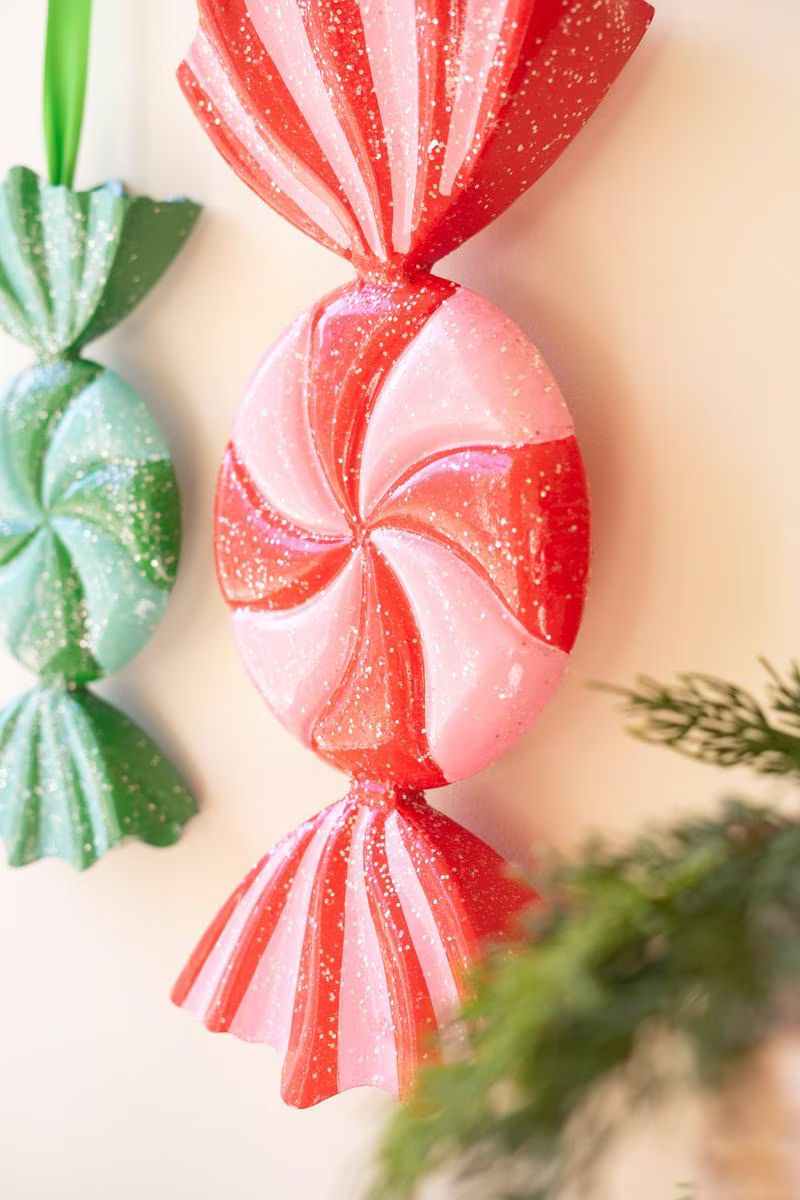 Set of 2 Large Painted Metal Colorful Christmas Candy Ornaments — image 2