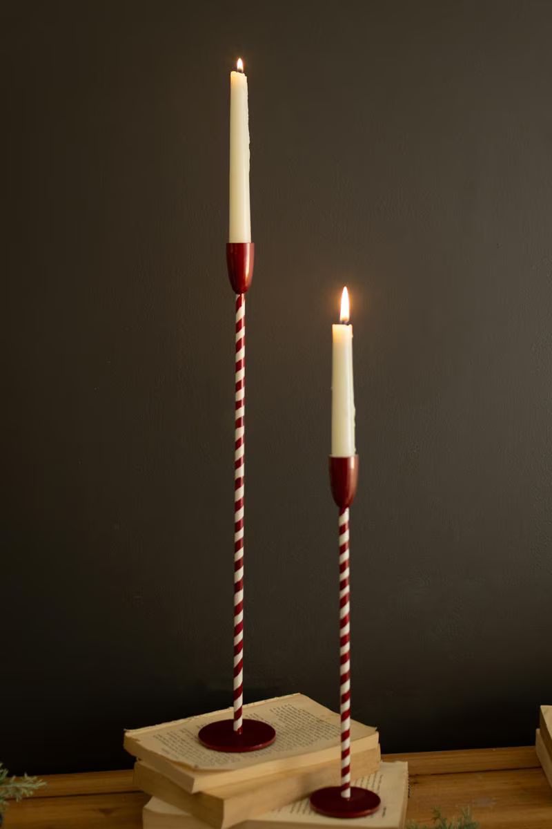Set of 2 Red and White Candy Cane Taper Candle Holders — image 2