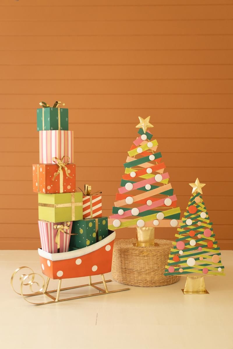 Set of 2 Colorful Painted Metal Christmas Trees with Gold Bases — image 2