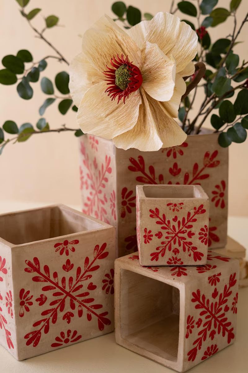 Set of 4 Square Cement Christmas Planters with Red Detail — image 2