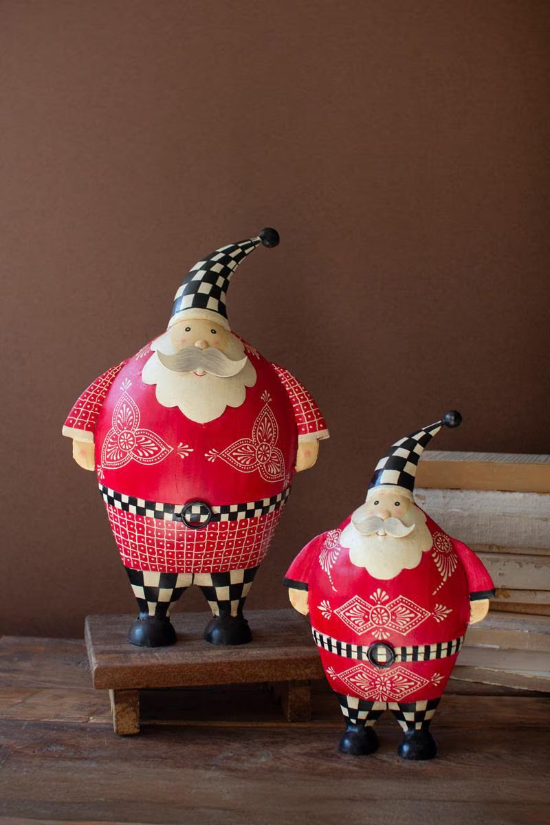 Set of 2 Painted Metal Santas with Checkered Detail — image 2