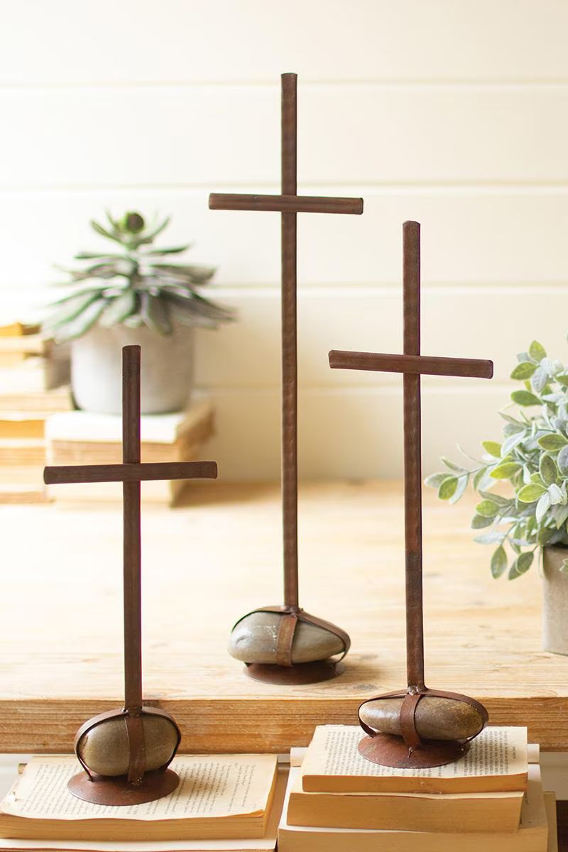 Set of 3 Scrap Metal Crosses with Caged Rock Bases — image 2
