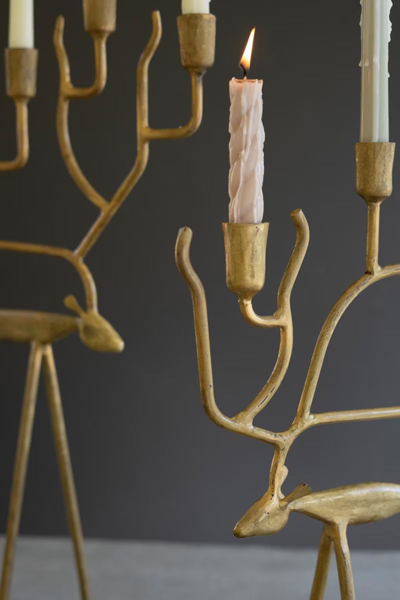 Set of 2 Antique Gold Forged Iron Christmas Deer Candelabras — image 2