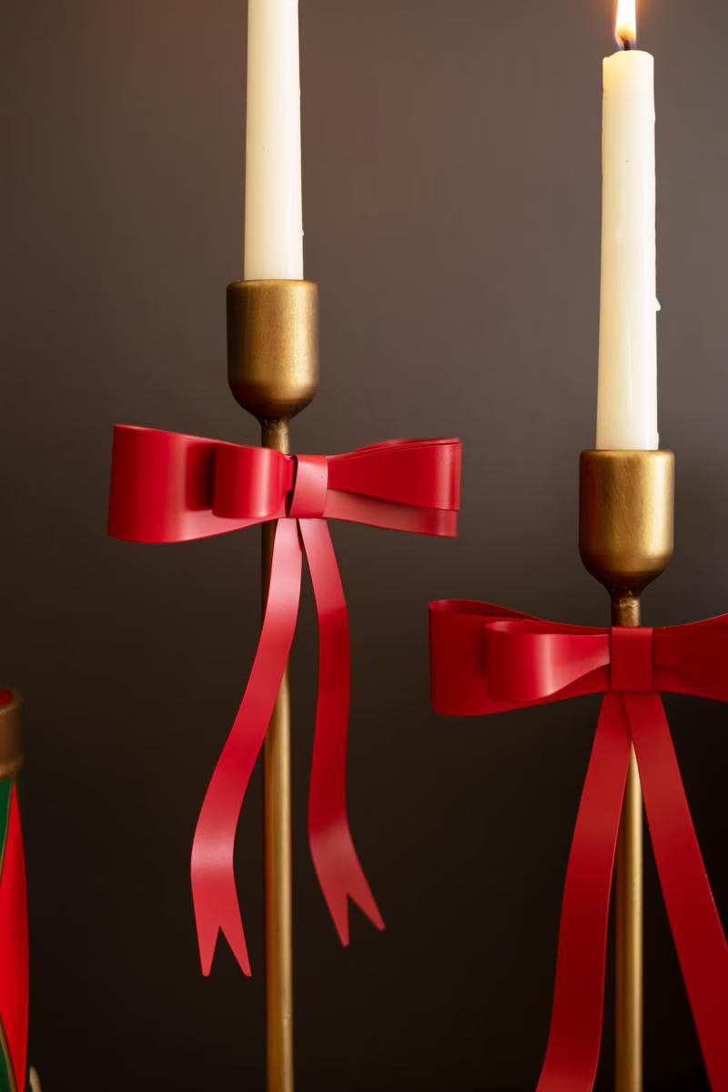 Set of 2 Metal Christmas Bow Taper Candle Holders — image 2
