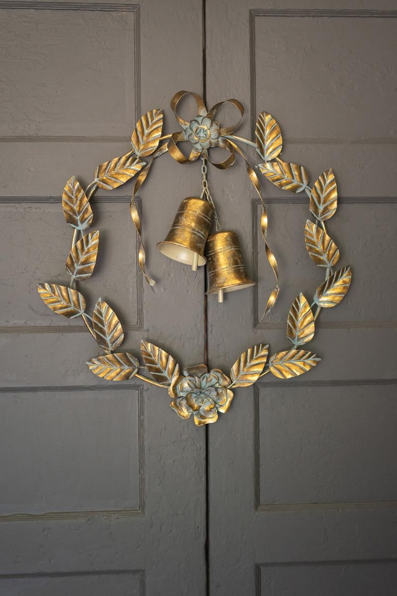 Antique Brass Christmas Wreath with Leaves and Bells — image 2
